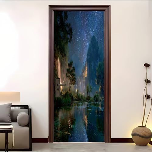Pegatina Decorativa 3D Para Puerta 83x204 cm Bosque De FantasíA Estrella Mar Vinilo Autoadhesivo Pegatinas para Puertas Azul Impermeable para Dormitorio BañO, Cocina Y Oficina