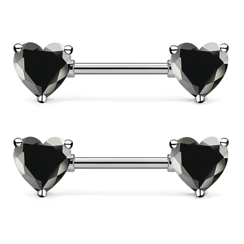 Gnznzko 14G Astm F136 Titanium Nipple Piercing Jewelry Heart Black CZ Nipple Barbell Jewelry Internally Threaded G23 Solid Titanium Nipple Piercing Barbell Rings Jewelry for Women Men 14 Gauge