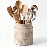 Rustic Utensil Holder for Kitchen Countertop - 7.6 inch Ceramic Utensil Crock Farmhouse Cooking Utensil Organizer for Spatula, Spoon (M-Rustic)