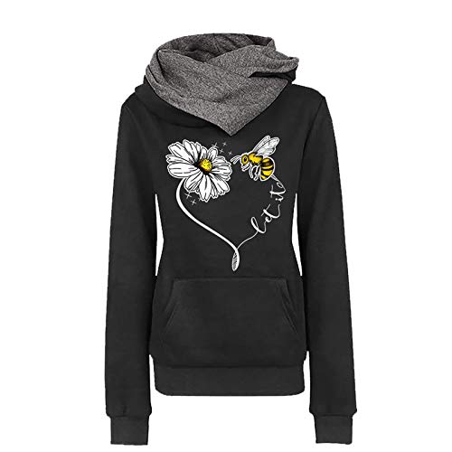 KEERADS Damen Sudadera con capucha con capucha y estampado de crisantemo, cuello alto, informal, manga larga, corte ajustado, bolsillo tipo canguro, tallas grandes M-5XL Negro XXXL Cover