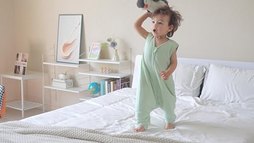 Image of Baby /Toddler Sleep Sack with Legs, Rayon from Bamboo 95% + 5% Spandex, 1.0 TOG, 2‑Way Zipper Sleeping Bag, Walker‑Friendly 12-18M Green
