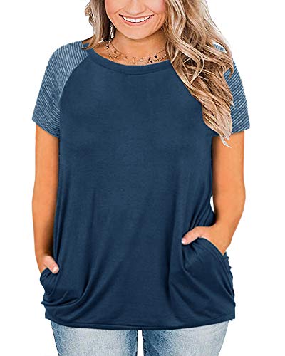 Womens Tops Plus Size Raglan Shirt 3/4 Sleeve Short Sleeve Striped Crew Neck Tshirt Tunic with Pockets (2X, A-Navy)