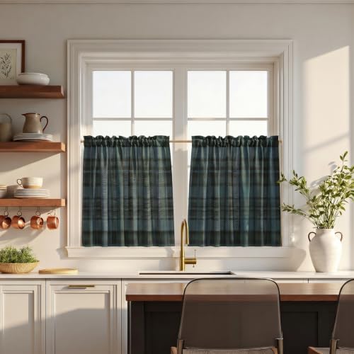 Image of TWOPAGES Rod Pocket Plaid Print Cafe Curtains, Midnight, 26W x 18L