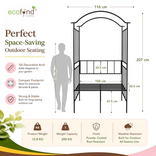 Image of ecofynd 6.8 Feet High 3.8 Feet Wide Garden Arch with 2-Seater Bench, Metal Arbor Trellis for Climbing Plant with Outdoor Garden Chair, Backdrop Stand for Wedding Lawn Backyard Party Decor (GC004-BLK)