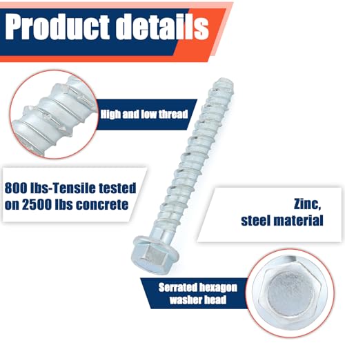 Tandefio 60 Pack 1/2" x 6" Concrete Screw Anchor Galvanized Large Diameter Heavy Duty Plated Concrete Anchors for Masonry Brick Anchoring Block Decking Framing Hex Drive by Tandefio - Image 3
