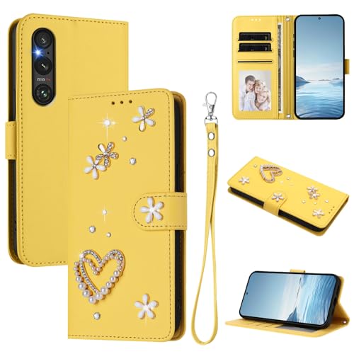 Jiajihua Case Compatible with Sony Xperia 1 V 2023 Lanyard【Card Holder Wallet Flip Cover Magnetic Buckle Kickstand】 Yellow