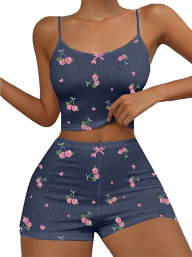 Image of Hilinker Womens Graphic 2 Piece Pajama Set Summer Cute Crop Cami and Shorts Ribbed Lounge Sets