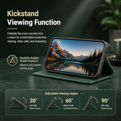 Image of FASHINA S26 Leather Flip Wallet Case with Magnetic Closure, Card Holder Slots, Shockproof Inner Cover, Premium Leather Finish for Complete 360 Protection Green