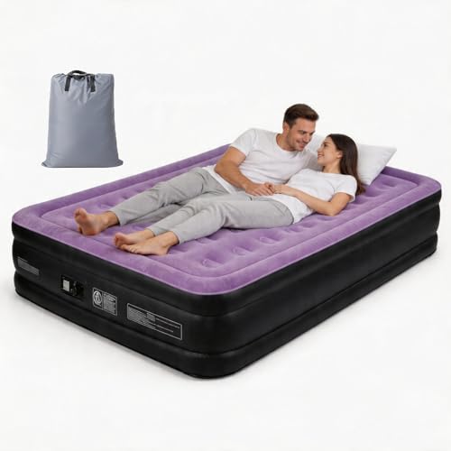 LEADZM Luftbett 2 Personen, Selbstaufblasende Luftmatratze Doppel mit integrierter elektrischer Pumpe, 203x152x46 cm Gästebett, 3 Min Aufblasen, 204 kg Belastbarkeit, Flockoberfläche, Lila