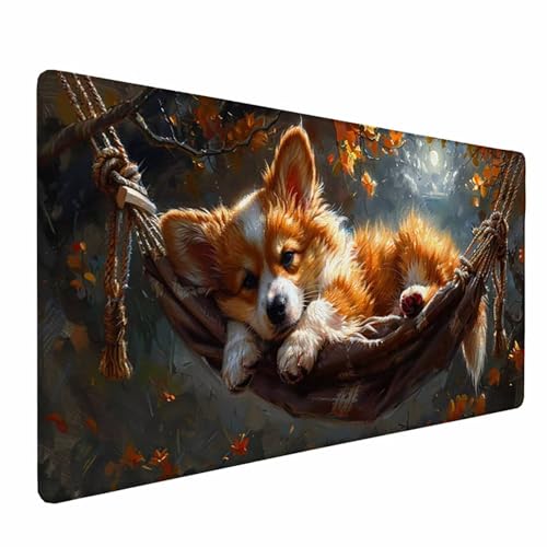 Chien Tapis de Souris XXL 800 x 400 mm, EtImperméable Tapis de Souris Gamer Jaune Mouse Pad avec Bords Surpiqués Mousepad Avec Base en Caoutchouc Antidérapante Convient pour Salle de Jeux, Bureau -3DO