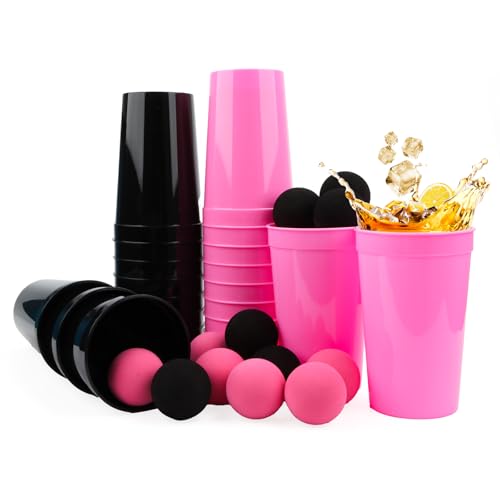 Set di 34 bicchieri da birra, 22 bicchieri da 12 palline, nero e rosa, riutilizzabili da 700 ml, in plastica rigida per feste di compleanno, matrimonio, picnic, festa in famiglia