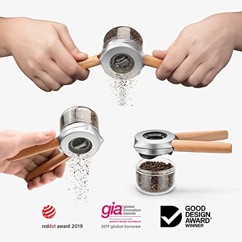 Dreamfarm Ortwo + Extra Jar | One-Handed Pepper Mill With Ceramic Grinder & Wooden Handle | Refillable Pepper Grinder | Adjustable Salt Grinder And Spice Mill | Manual Pepper Mill | 2Oz #TOP2