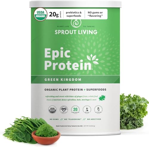 Image of Sprout Living Epic Protein, Plant Based Protein & Superfoods Powder, Green Kingdom | 20 Grams Organic Protein Powder, Greens, Vegan, Non Dairy, Non-GMO, Gluten Free, Low Sugar (2 Pound, 24 Servings)
