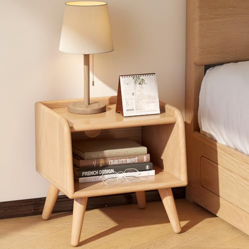 Vadisun Solid Wood Nightstand, Mid Century Modern Side Table with Open Storage Shelf, Wood End Bedside Table for Living Room, Small Night Stands for Bedroom, Dormitory(Natural, 15.75