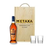 Personalised Metaxa Greek Brandy Gift Set with Shot Glasses – Alcohol Present for Men or Women – 70cl Bottle (38% ABV) in Engraved Wooden Keepsake Box – Unique Spirit Gift for Him or Her