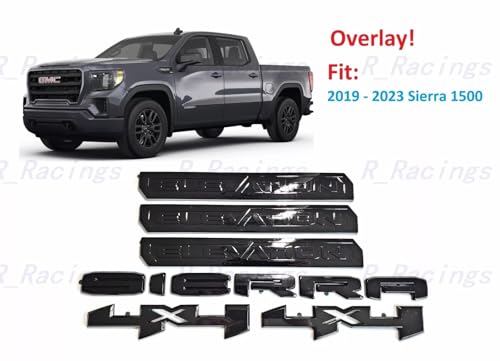 Image of 6Pcs Sierra Elevation 4x4 Emblem 3D Rear Tailgate Door Badge Nameplate Letter Sticker Decal Replacement for 2019-2022 Sierra 1500 2500HD 3500HD (Overlay Emblem Gloss Black)