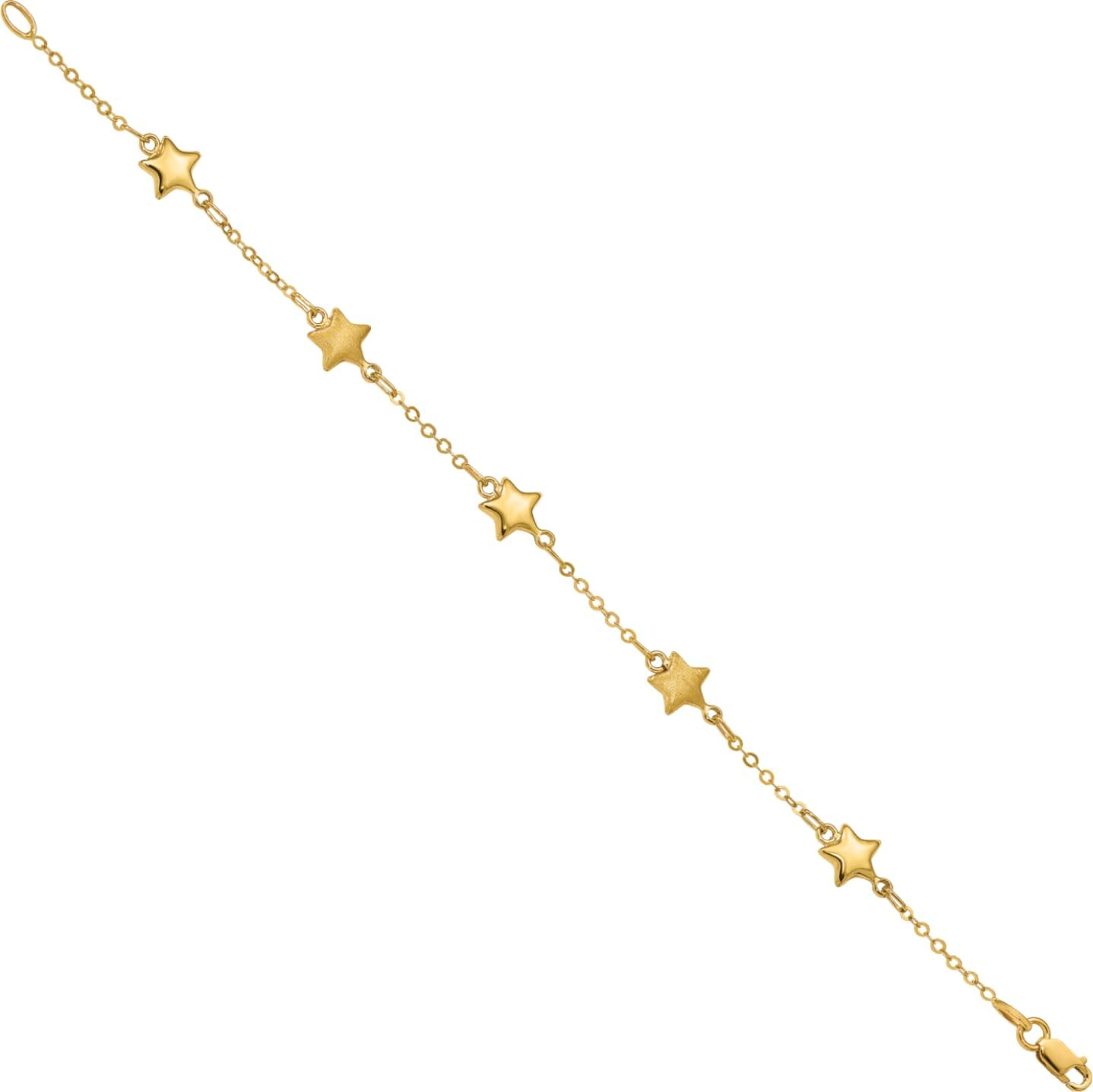 IceCarats 14K Yellow Gold 2mm Thin Cable Chain Stars Charm Bracelet 7 inch, Polished, Textured, Matte For Her