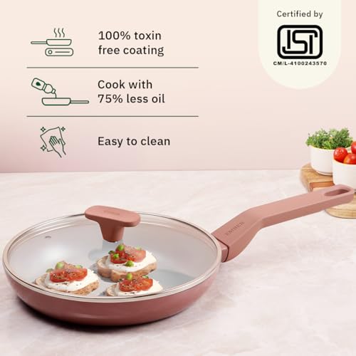 Image of Ember Cookware Arcilla Ceramic Frying Pan 24cm | Non Stick Cookware | Non Toxic Pan | Glass Lid | ISI Certified | Ceramic Fry Pan for Cooking |PFAS PTFE Free| 5-Year Warranty | Terracotta