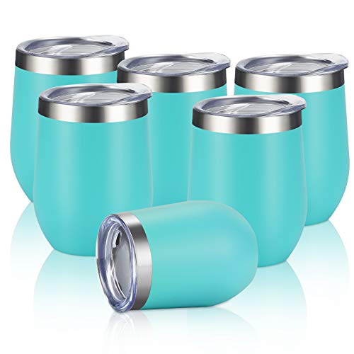 6 Pack Stainless Steel Wine Tumblers, 12Oz Insulated Wine Tumbler, Double Wall Insulated Wine Glass, Stainless Steel Stemless Wine Cups With Lids For Coffee, Wine, Cocktails, Champaign, Aqua Blue #TOP6