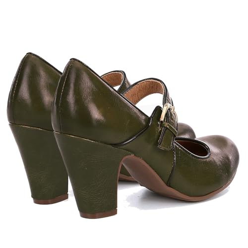 Image of SHODENSE Women Vintage Chunky High Heel Mary Jane Shoes Round Closed Toe Ankle Strap Dress Sandals 3 inch Block Heels Mary Jane Lolita Pumps Two-Toned Patchwork Buckle Office Lady Wedding Retro 4-11 M US