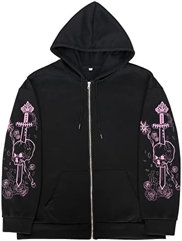 Soosuihoo Women y2k Skull Print Streetwear Hoddies Skeleton Harajuku Vintage Goth Emo Egirl Anime Clothes Long Sleeves Zip-up Jaket (XL, Black)