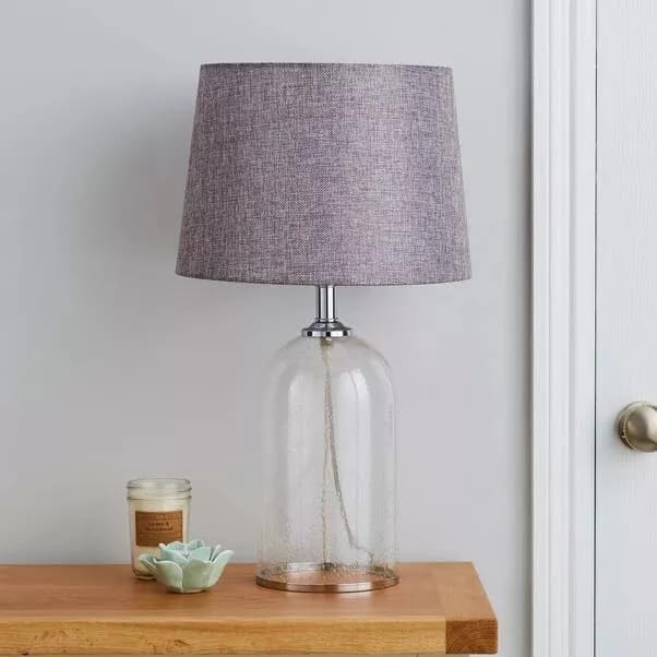 Sales Today Interiror Modern Clear Glass Bedside Table Lamp with Chrome Metal Detailing & Natural Faux Linen Grey Drum Shade (Large (31 x 53cm))