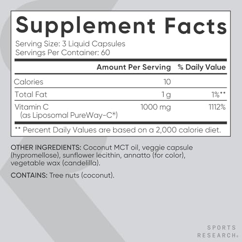 Sports Research® Liposomal Vitamin C 1000mg, 180 Liquid Capsules | Antioxidant Activity & Immune Support - Enhanced Absorption - Non-GMO Verified & Gl
