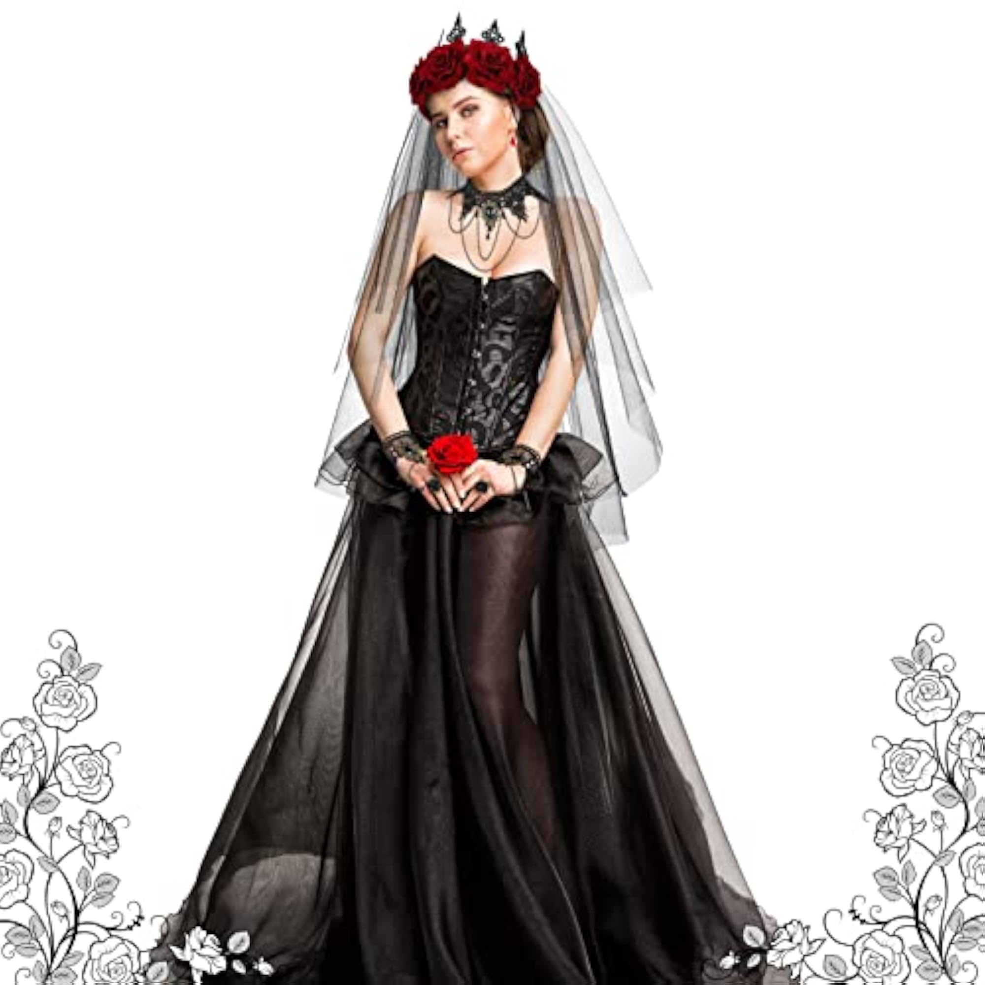 5pc Halloween Vintage Rose Crown Gothic Floral Headband & Choker Set