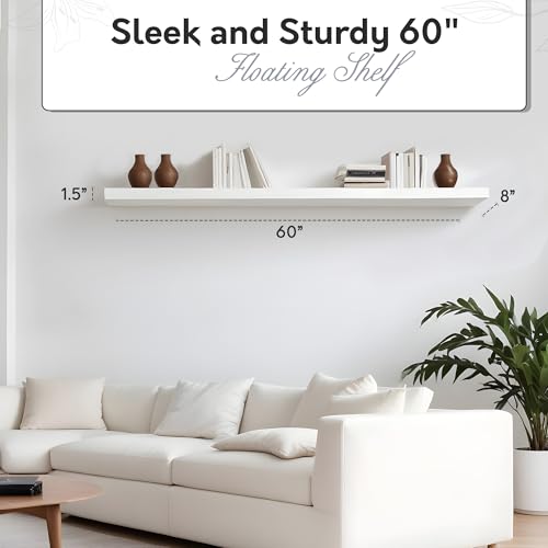 InPlace Wall Mount Slim Shelf with Hidden Brackets - Easy to Install & Remove, Floating Shelves for Wall - MDF Shelf for Living Room, Closet, Bedroom & Kitchen - 8"D x 60"W x 1.5"H, White, 9603007E