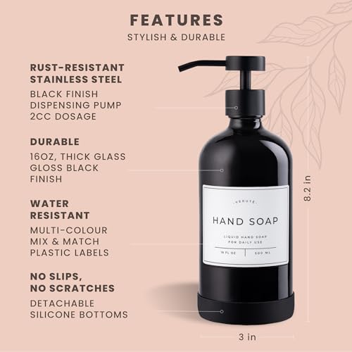 Image of Hand and Dish Soap Dispenser for Kitchen and Bathroom, Set of 2 16 Oz Glass Bottles, Stainless Steel Pumps, Non-Slip Silicone Base, 27 Waterproof Labels (Gloss Black Bottle /Black Pump)