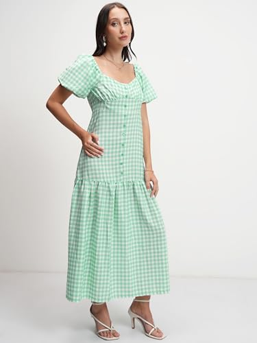 Image of Tokyo Talkies Womens Dresses for Women | Checkered Print | Front Button Detail | Sweetheart Neck | Midi Dress | Puff Sleeves | Elegant Fit | Dress for Women | Women Dress | Stylish Women Dress