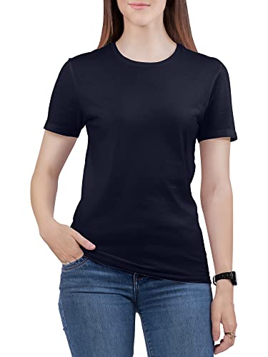 Love My Fashions Women's Round Neck Short Sleeves Plain Cotton T-Shirt Deep Navy
