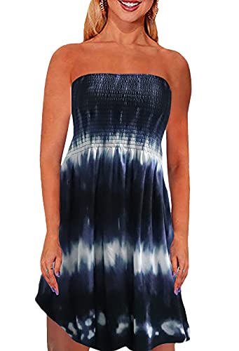 Strapless Dress Women's Swimwear Cover Ups Summer Beach Tie Dye Maxi Tube Top Dress Black L #TOP19