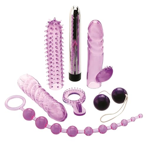Adam & Eve Complete Lover's Kit, 7 Piece Couples Sex Toy Set, Includes Vibrator, Rabbit Sleeve, Tickler Sleeve, Ribbed Sleeve, Penis Ring, Anal Beads, Kegel Balls, Waterproof, Body Safe