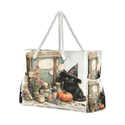 Large Beach Bags Totes Canvas Tote Shoulder Bag Black Cat Magic Books Water Resistant Bags for Gym Travel Daily