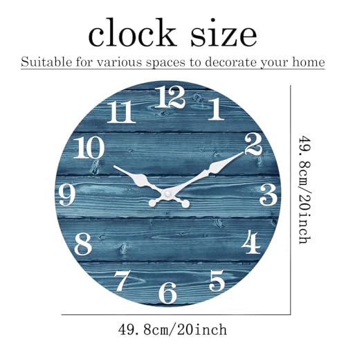 Image of XFM Large Blue Wall Clock Battery Operated 20 Inch Silent | Vintage Farmhouse Rustic Wooden Round Decorative for Kitchen Living Room Bedroom Office Non-Ticking