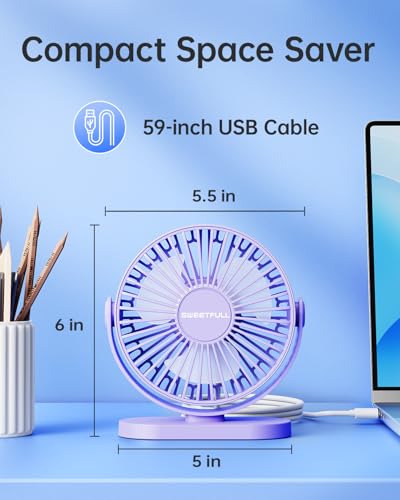 Image of SWEETFULL USB Table Fan Mini Quiet - 3 Speeds Small Personal Portable Fan 360 Rotation Adjustable, 5 Inch Office Desk Cooling Gadgets on Desktop