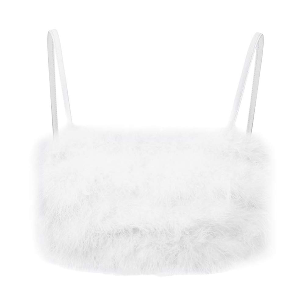 GALPADA Women Tank Top Faux Fur Cami Camisole Crop Top Sexy Halter Spaghetti Strap Top Vest Fluffy Slim