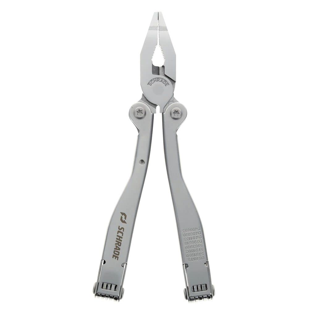 Schrade Tough Tool Multi Tool in open position, showing pliers and various implements.