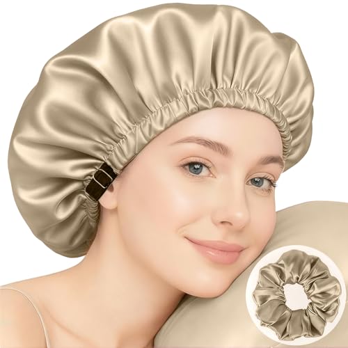VivaSmile Silk Bonnet for Sleeping, Large Hair Bonnet for Sleeping Designed for Women, 32cm Adjustable Sleep Cap to Protect Frizzy, Curly & Long Hair Champagne