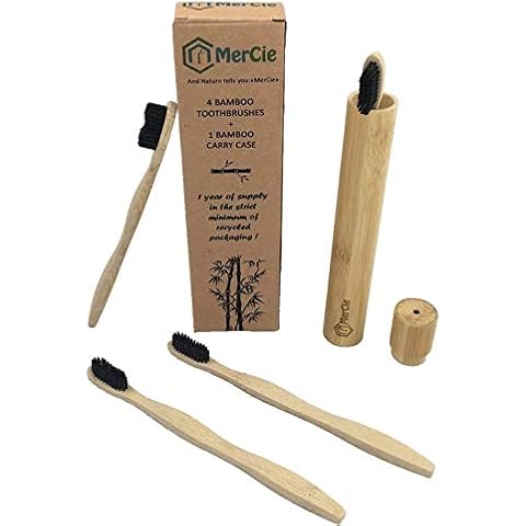Conjunto de 4 cepillos de bambú ecológicos + caja de almacenamiento/transporte de bambú Cover