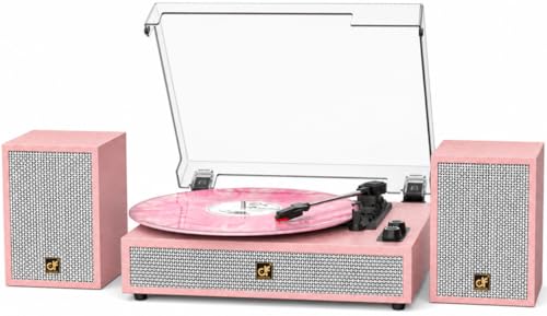 TE-2028 Pink Bluetooth Record Player with External Speakers Belt-Drive Turntable for Vinyl Records Dual Stereo Speakers LP Players Support 3 Speed 3 Size AUX RCA Output Auto Stop