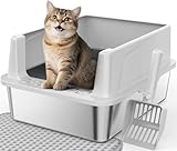 FURTIME Stainless Steel Cat Litter Box with Lid – High-Sided Metal Litter Pan for Small Cats, Kitty Litter Box Non-Stick, Odor-Resistant, Anti-Urine Leakage, Easy to Clean, Includes Scoop and Mat