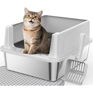 FURTIME Stainless Steel Cat Litter Box with Lid, Metal Kitty Litter Box for Small Cats, Kitten Litter Boxs with Scoop and Mat, Non-Sticky, Anti-Leakage, Easy to Clean, 17″x13″x8.4″ (Small)