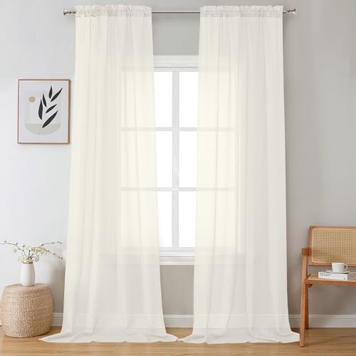 Image of OVZME Sheer Ivory Curtains 108 inch Inch Length 2 Panels Set, Light Filtering Soft Rod Pocket Voile Drapes for Living Room /Bedroom, Each 42 inch W x 108 inch L