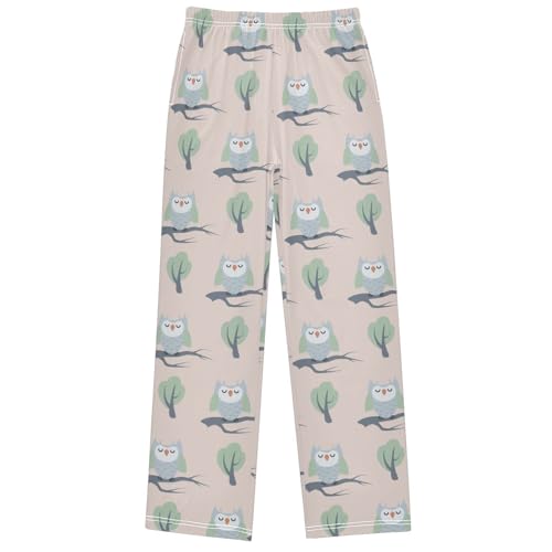 Boy's Pants Cute Light Blue Owl Branch Jogger Pants Elastic Waist Long Bottoms Trousers with Pockets 6-14 Years