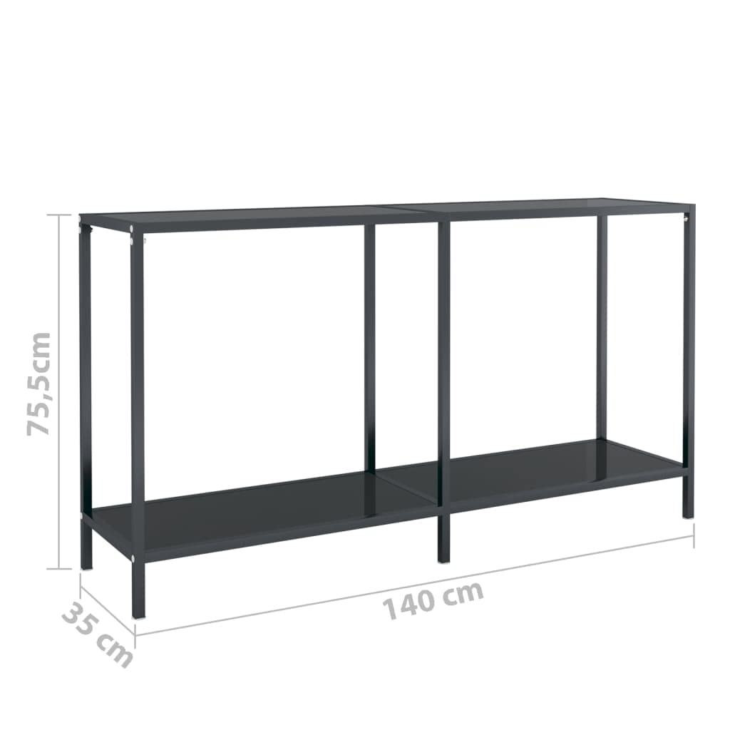 Czarny stolik konsolowy 140 x 35 x 75,5 cm ze szkła hartowanego i stali malowanej proszkowo, solidny stolik pomocniczy z półką do przechowywania, łatwy do czyszczenia