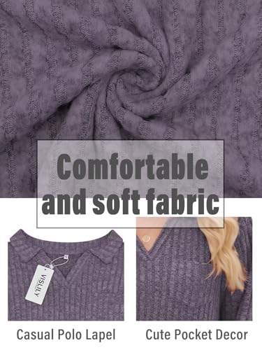 Image of VISLILY Womens-Plus-Size-Tops Collared V Neck Polo Shirts Lightweight Long Sleeve Sweaters Trendy Pocket Decor Tunic Blouses