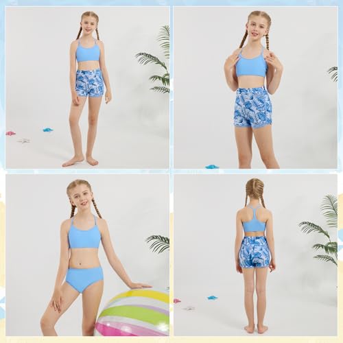 Image of Weixinbuy Girls 3 Piece Swimsuit Bathing Suits Solid Bikini Set with Printed Sports Shorts Swimwear for 9-16Y Teen Girls