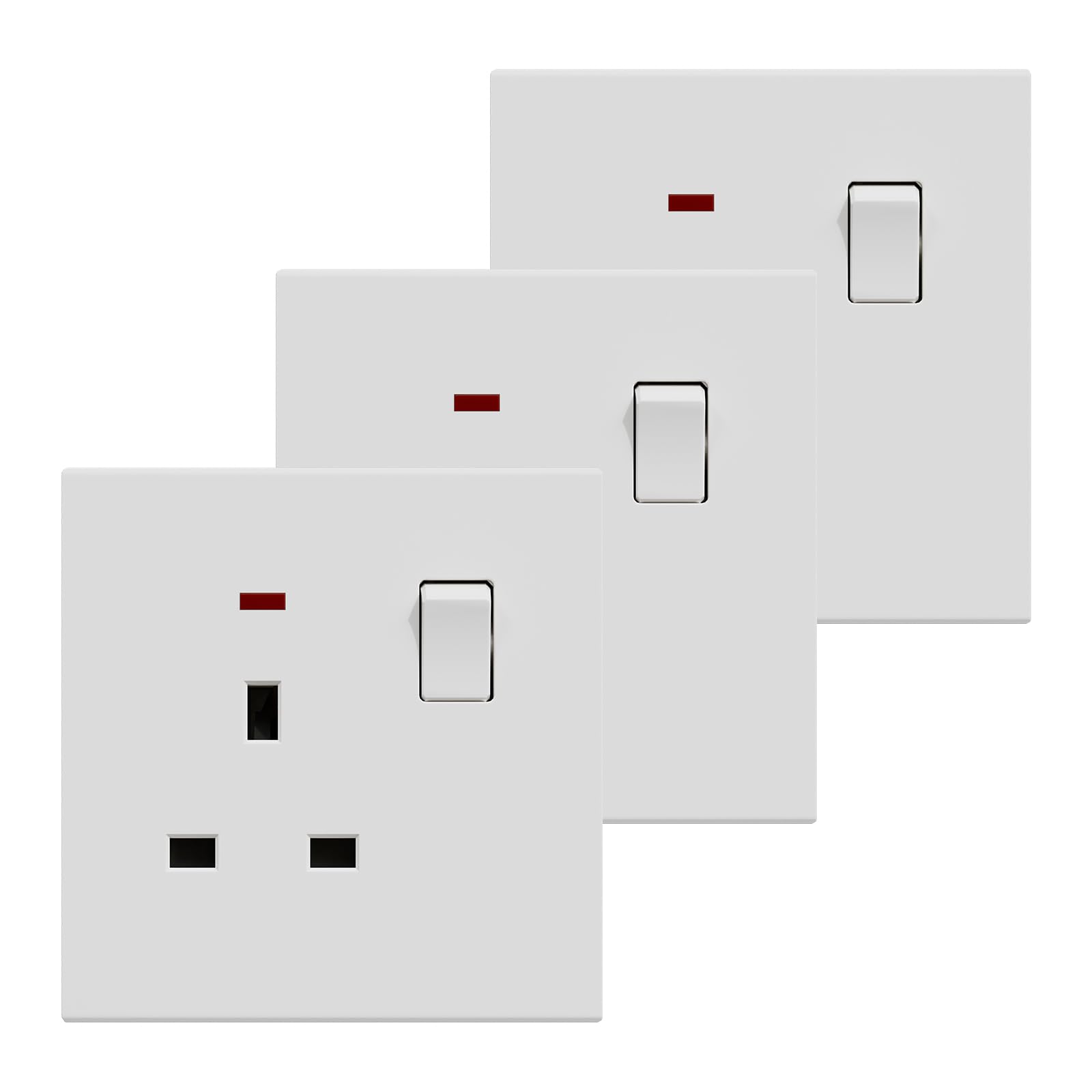 BSEED Single Socket 3 Pack, Electrical Single Switched Power Plug Wall Socket with LED Indicator, PC Wall Plate Outlet, White, 13A